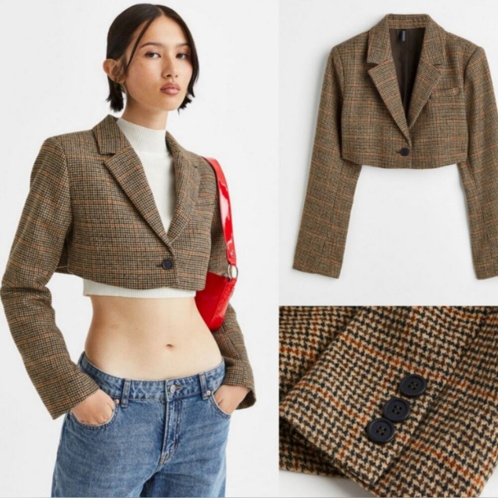 H&M Divided Small Cropped Tweed Plaid Blazer Jacket Women’s Preppy Academia Y2K
